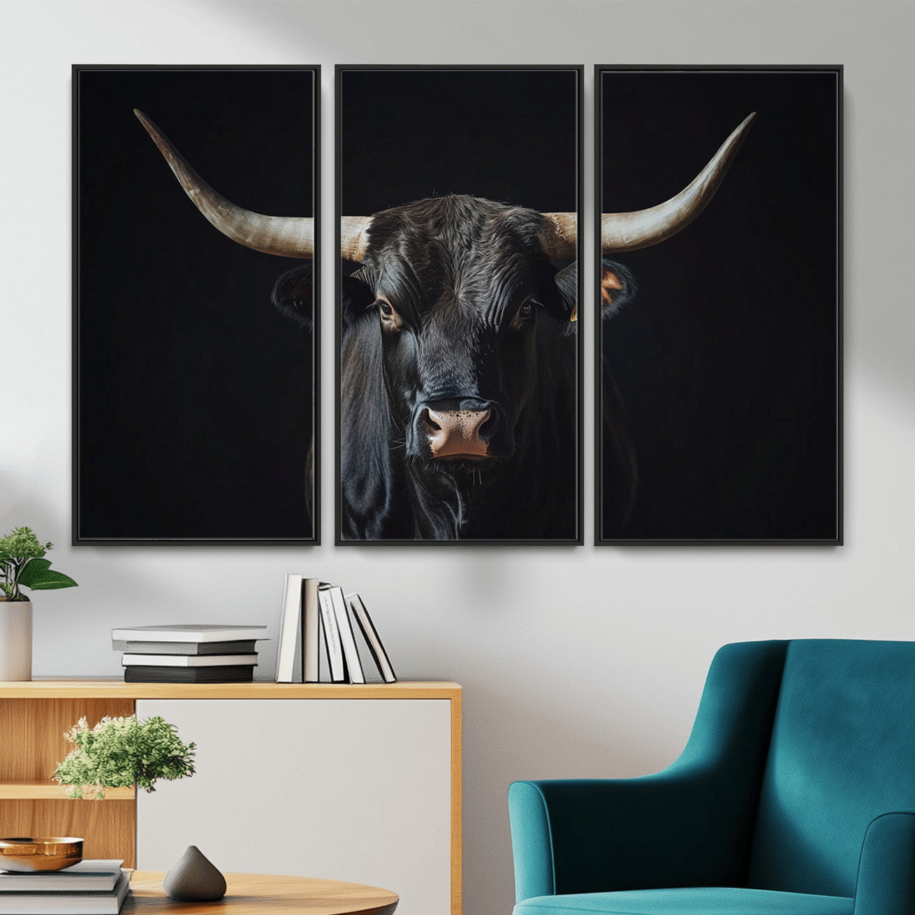 48065167-MGV-CV-36X24 - Texas Longhorn Bull Wall Art Canvas Print – Western Black Bull Art Print for Farmhouse Ranch Decor