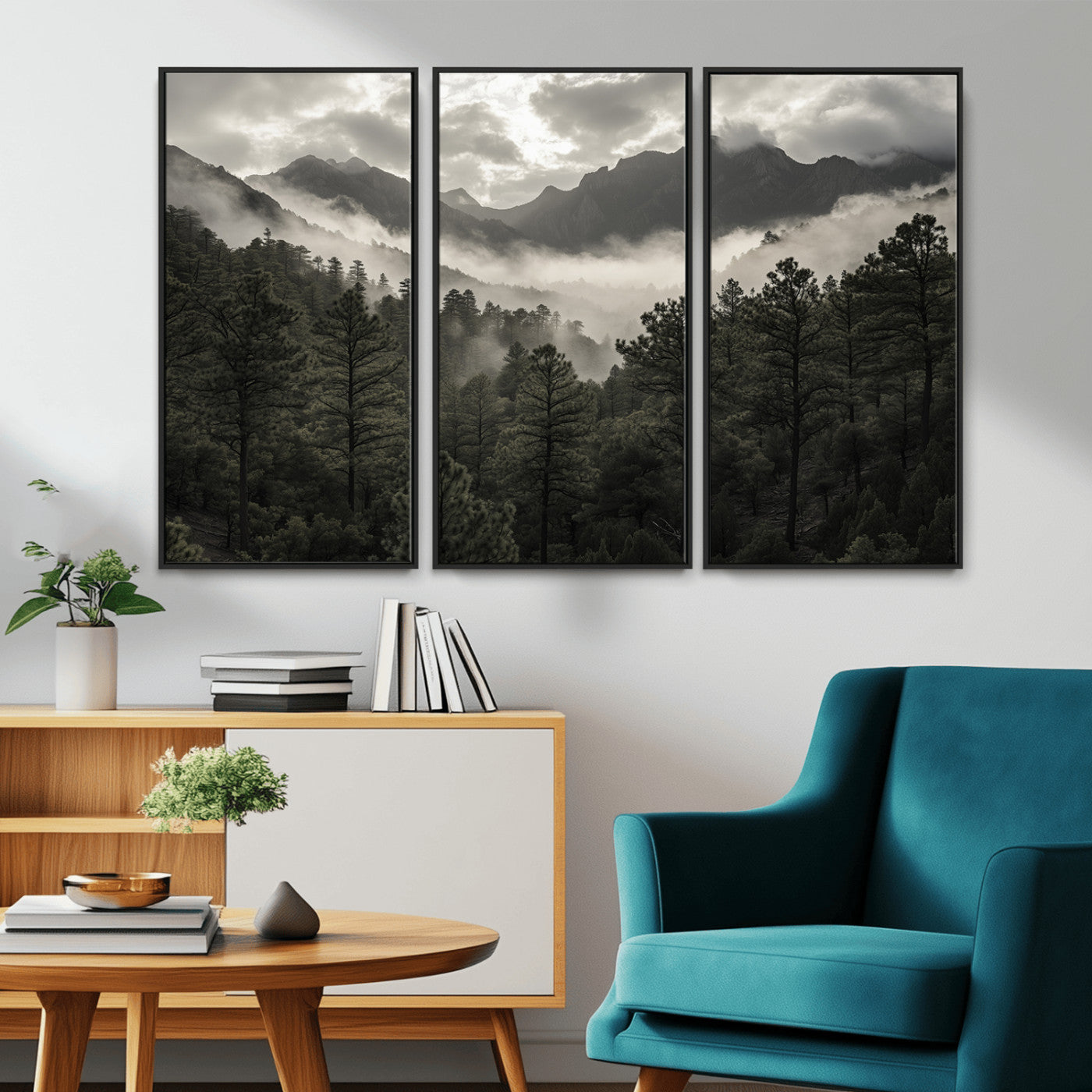 Canvas of moody pine forest and foggy mountain peaks under overcast skies, ideal for calm and rustic woodland-themed home decor.