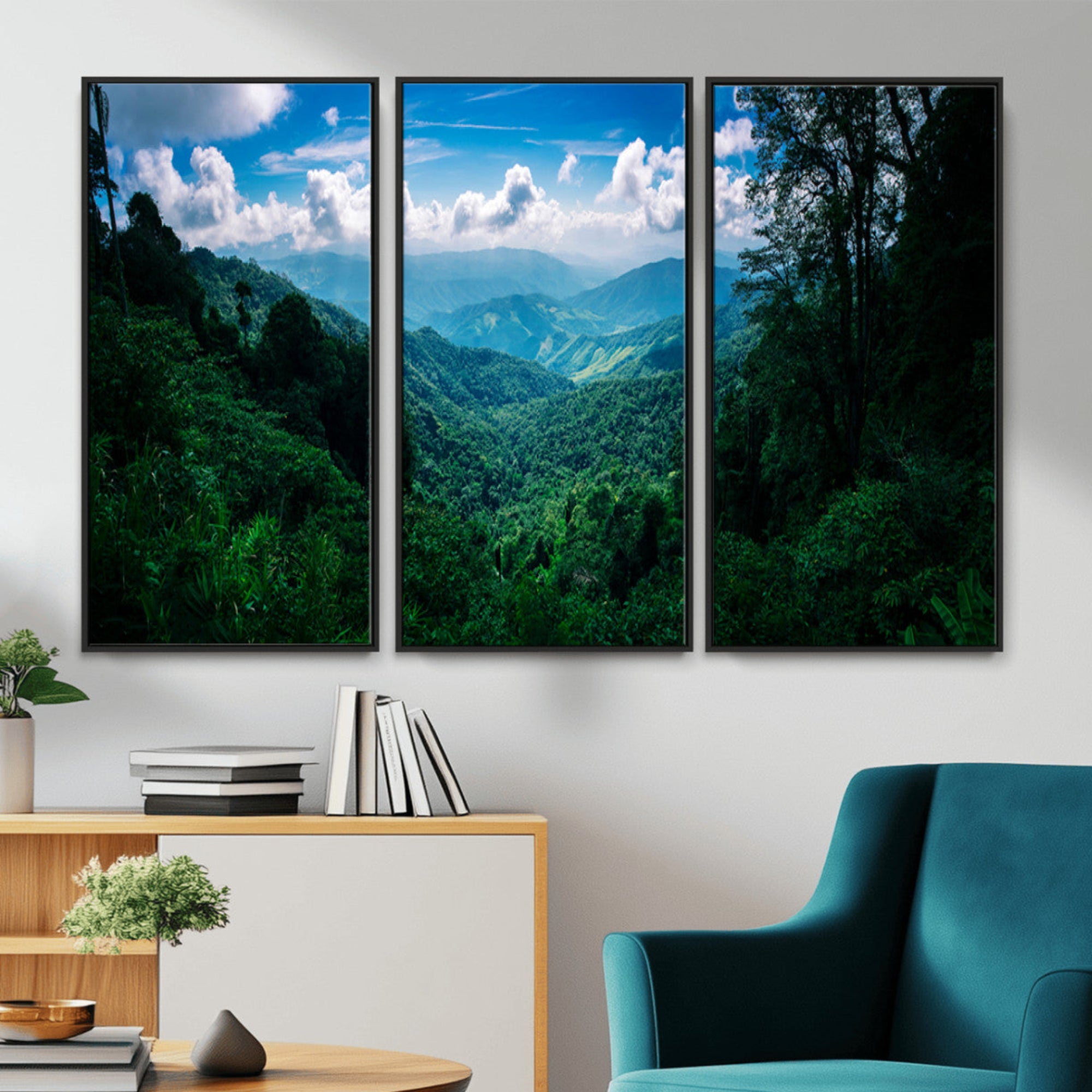 Canvas of a misty tropical jungle with vibrant greenery and layered blue mountains, ideal for exotic nature-themed wall décor.