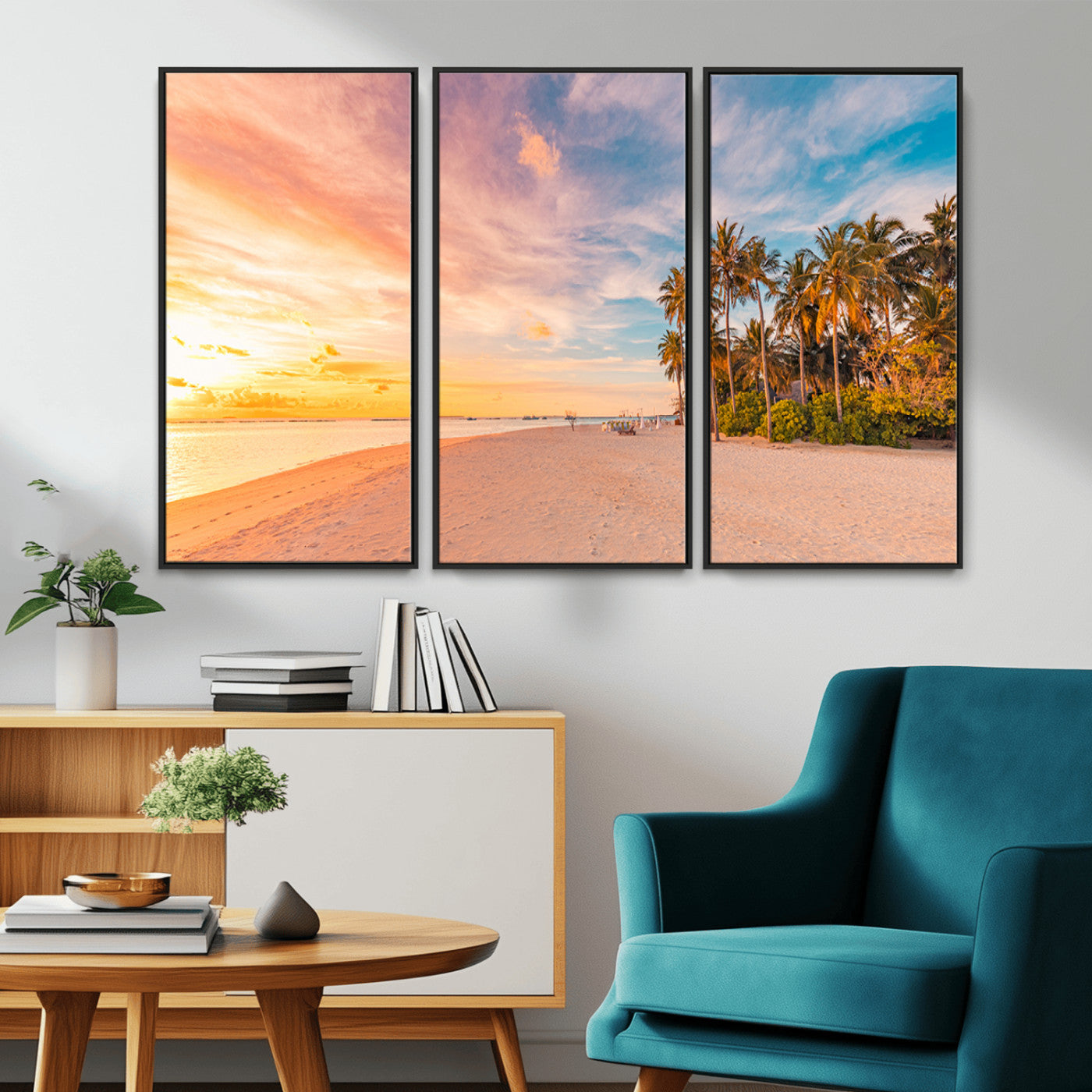 Tropical beach canvas with palm trees and soft sunset tones, ideal for coastal or beach-style home décor in warm pastel hues.