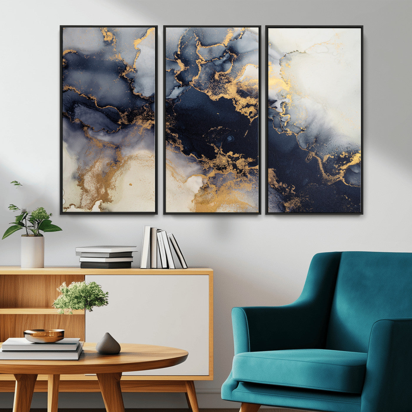 41136487-MGV-CV-48X32-3P-Black Marble Wall Art Canvas Print – Framed Abstract Gold Veins Elegant Luxury Design Decor for Home, Office