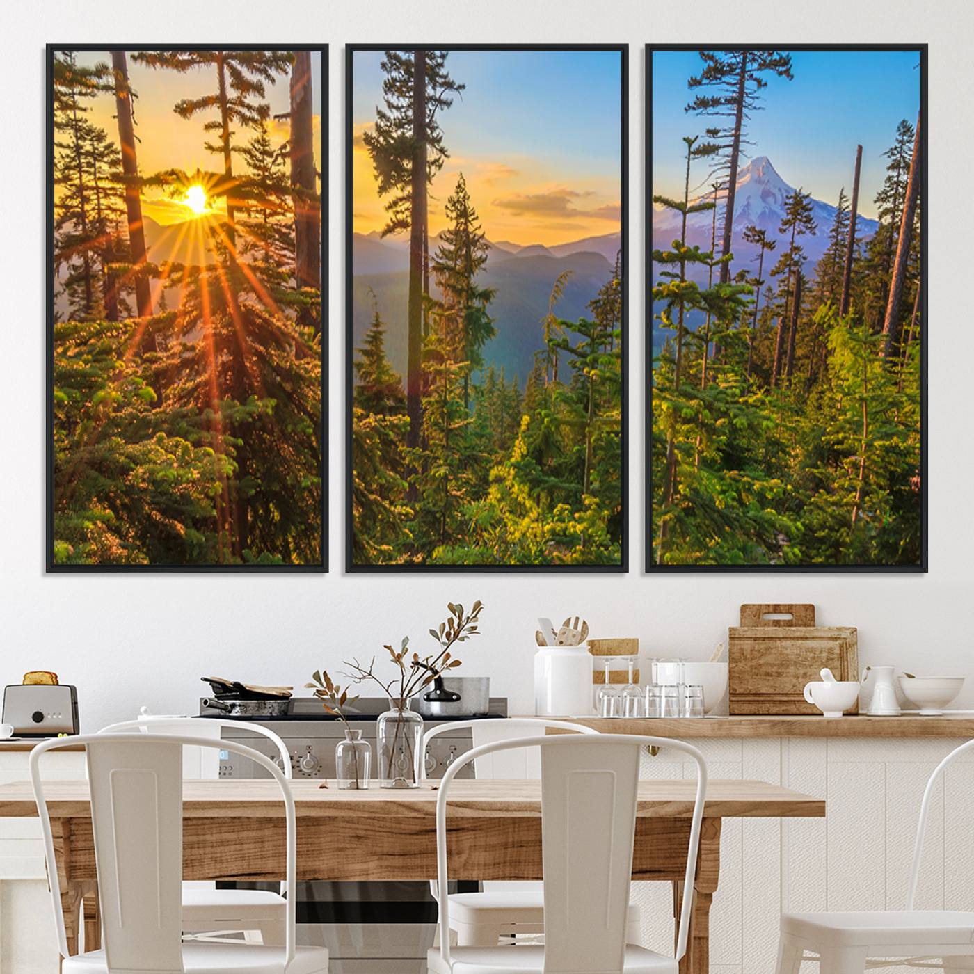 -Forest Sunset Wall Art Canvas Print, Framed Sunset Trees Art Picture Print, Green Pines Perfect
