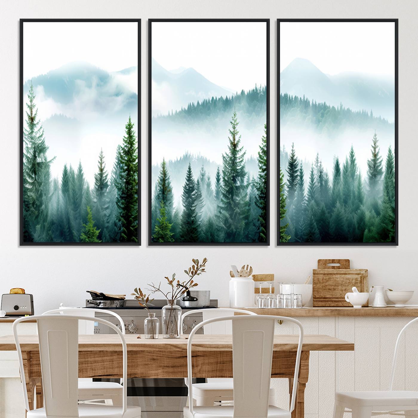 -Pine Forest Wall Art Canvas Print, Framed Misty Mountains Art Picture Print, Foggy Trees Perfect