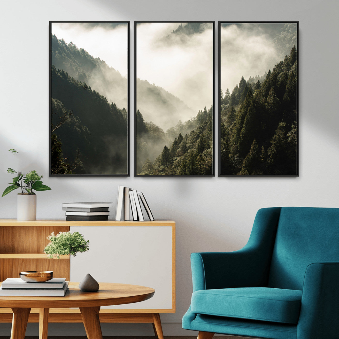 Canvas showing a misty pine forest valley with layered green hills and soft fog, perfect for moody or nature-themed decor styles.