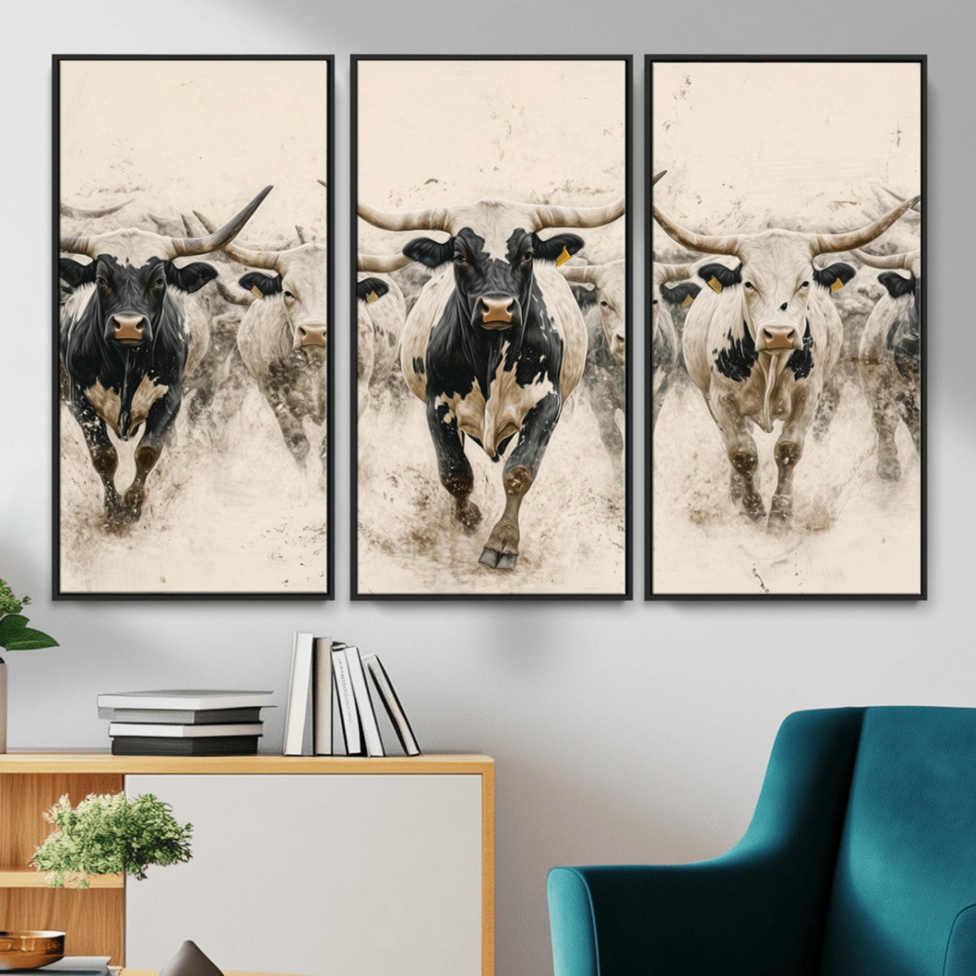 Canvas artwork of Texas Longhorn bulls walking in a dusty herd, ideal for rustic Western or country-style interior decor.