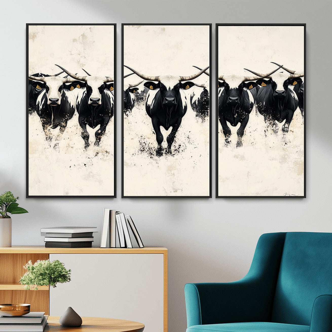 MGV-FC-48X32-3P - Longhorn Cattle Wall Art – Canvas Print of Herd in Motion, Symmetry and Ink Splatter, Minimalist Western Ranch, Bold Rustic Farm Decor