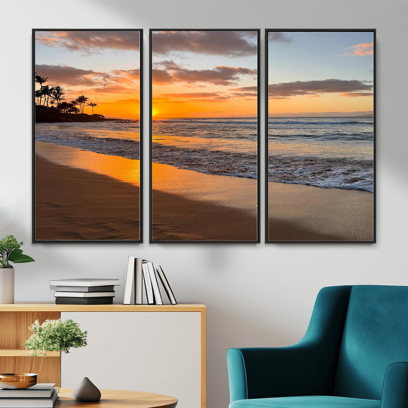 MGV-FC-48X32-3P - Sunset Glow Wall Art – Canvas Print of Ocean Breeze, Golden Sand, Tropical Palm Silhouettes, Tranquil Waves, Beach Nature Decor for Home