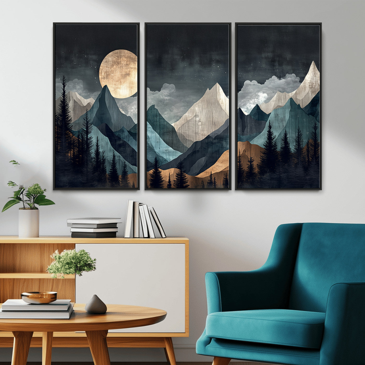11060882-MGV-CV-36X24-Moonlit Mountain Wall Art Canvas Print – Silhouetted Pines Layered Peaks Tranquil Sky Mist Silver Light Nature Artwork for Home
