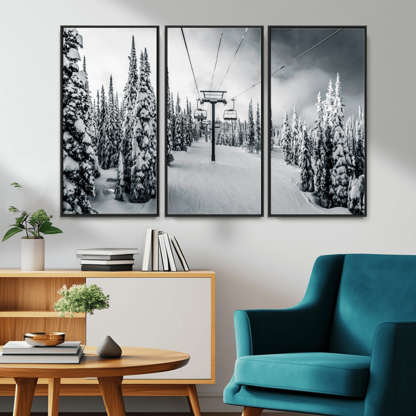 31156828-MGV-CV-36X24-Snowy Pines Wall Art Canvas Print – Framed Ski Lift Winter Forest Snowy Landscape Moody Lodge Artwork for Home, Office