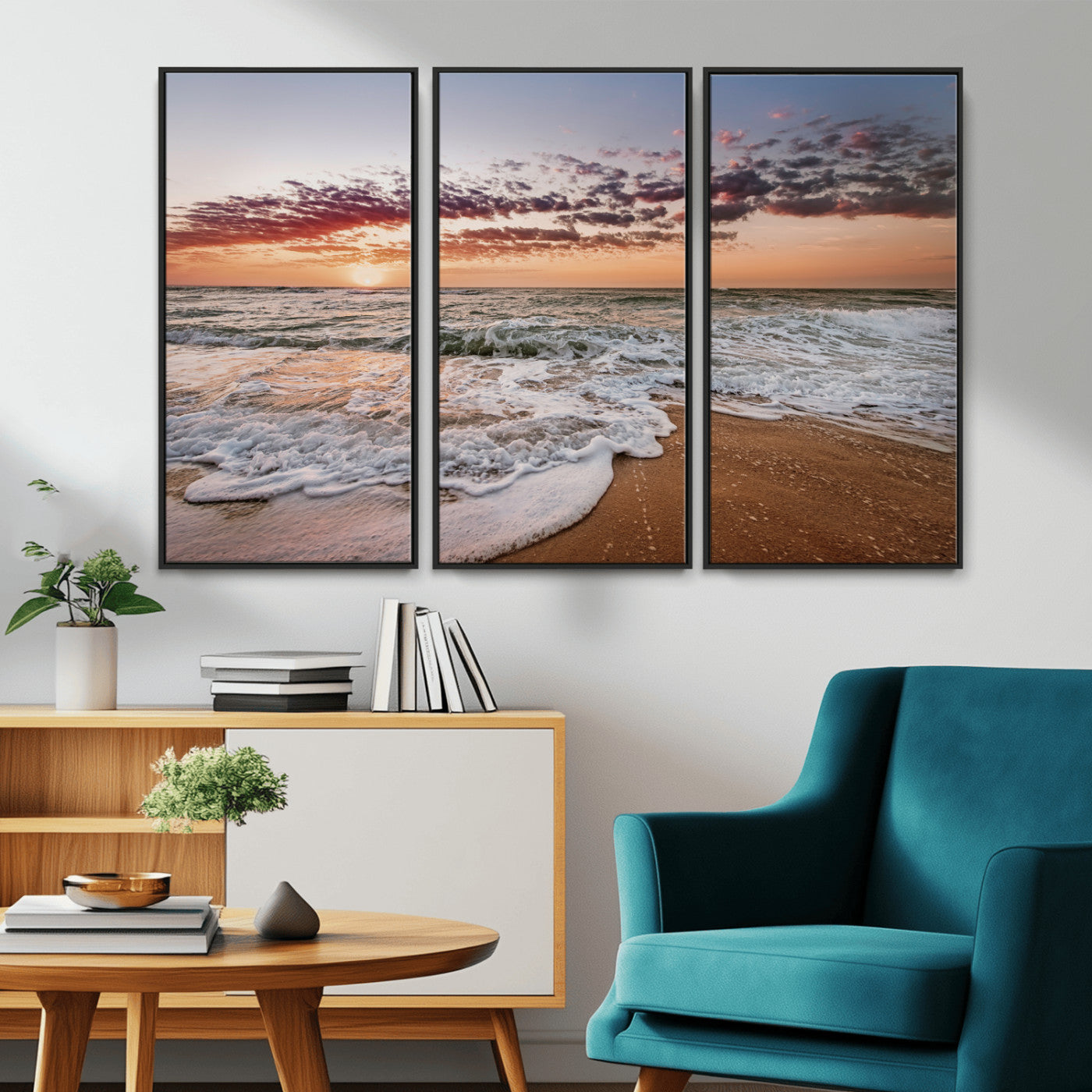 39846389-MGV-CV-36X24-Ocean Sunset Wall Art Canvas Print – Framed Sandy Shore Gentle Waves Coastal Landscape Minimalist Artwork for Home, Office