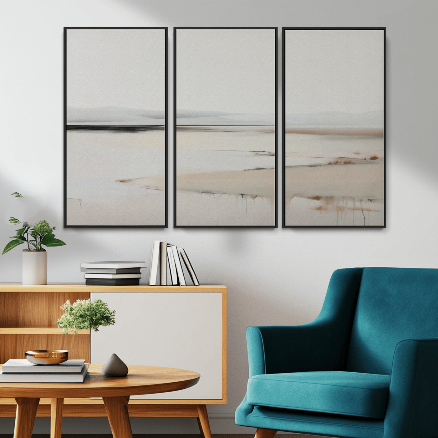 89410095-MGV-CV-36X24-Minimalist Landscape Wall Art Canvas Print – Framed Soft Horizon Abstract Seascape Earthy Tones Artwork for Home Office