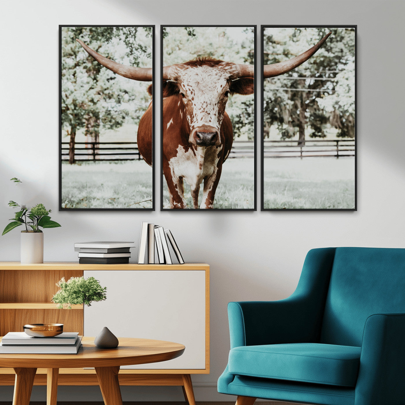 -Texas Longhorn Wall Art Canvas Print, Framed Spotted Cow Art Picture Print, Horned Cattle Perfect Rustic Western Decor Artwork