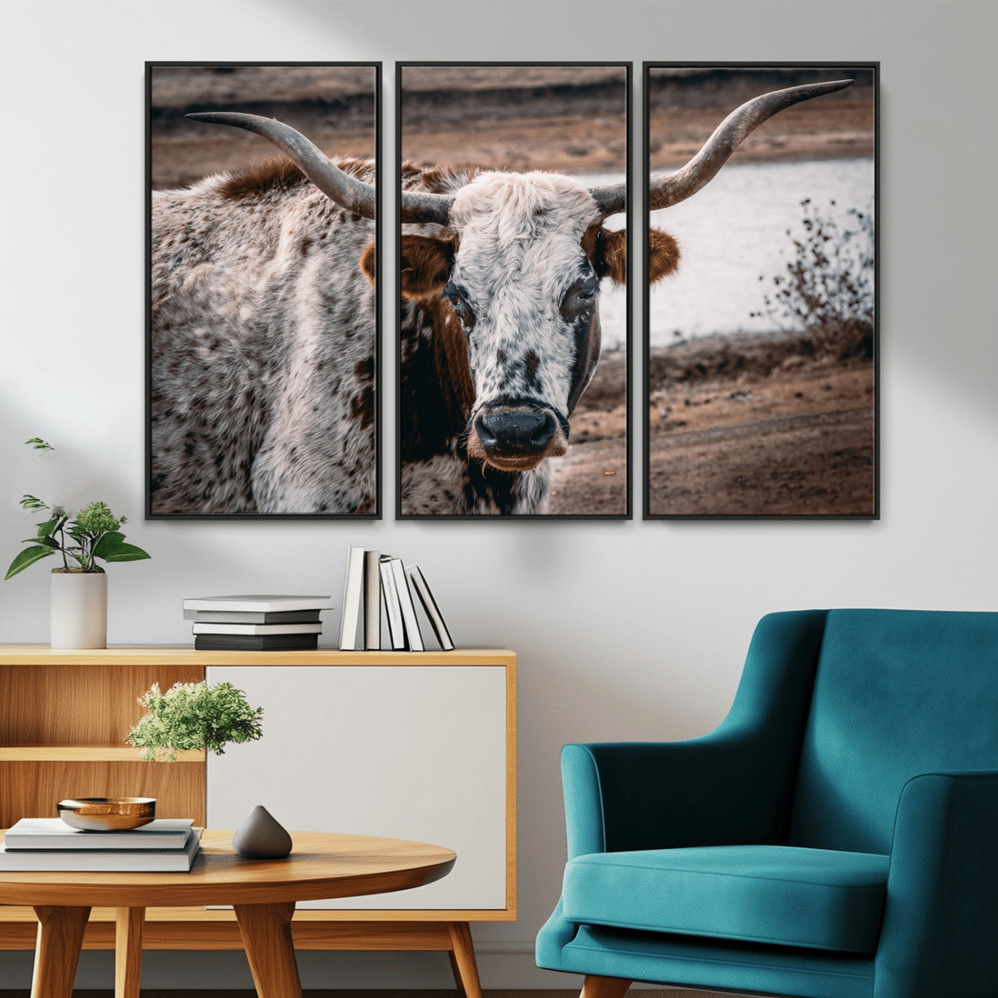-Texas Longhorn Wall Art Canvas Print, Framed Spotted Cow Art Picture Print, Horned Cattle Perfect Rustic Western Decor Artwork