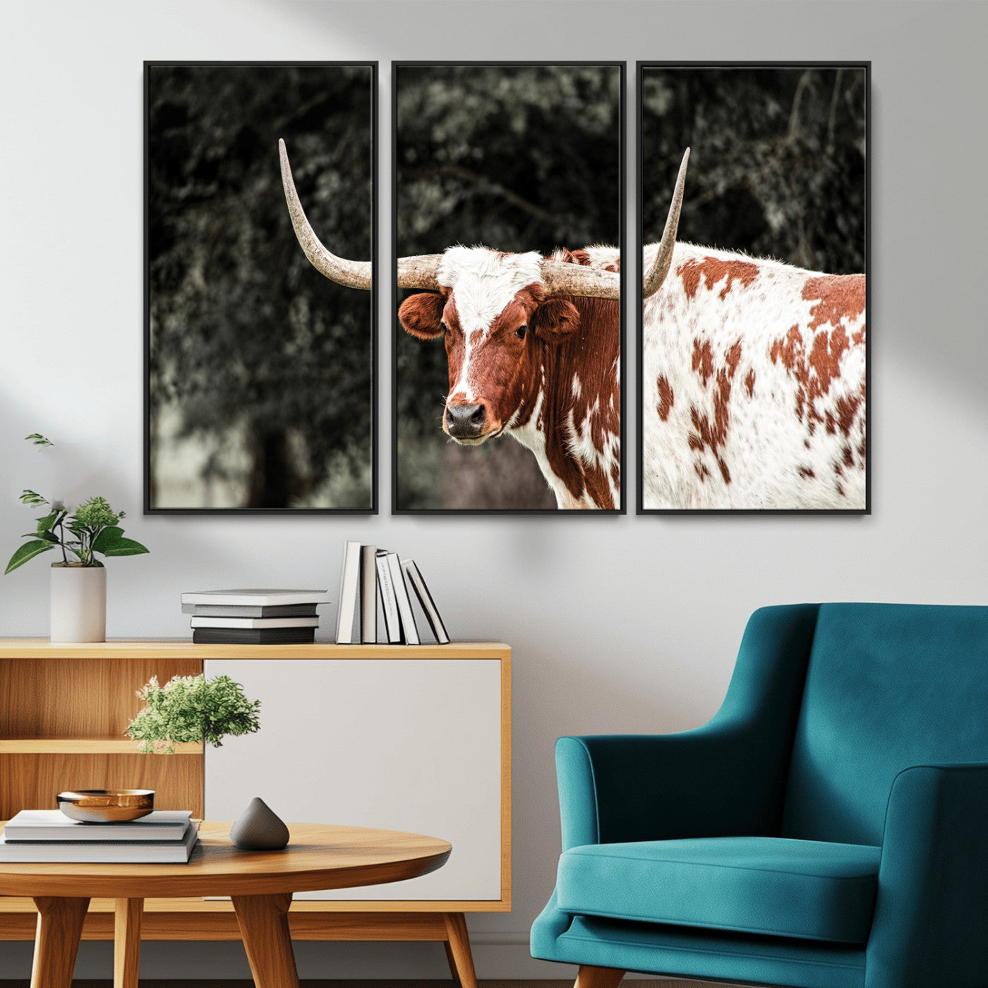 -Texas Longhorn Wall Art Canvas Print, Framed Spotted Cow Art Picture Print, Horned Bull Perfect Rustic Western Decor Artwork