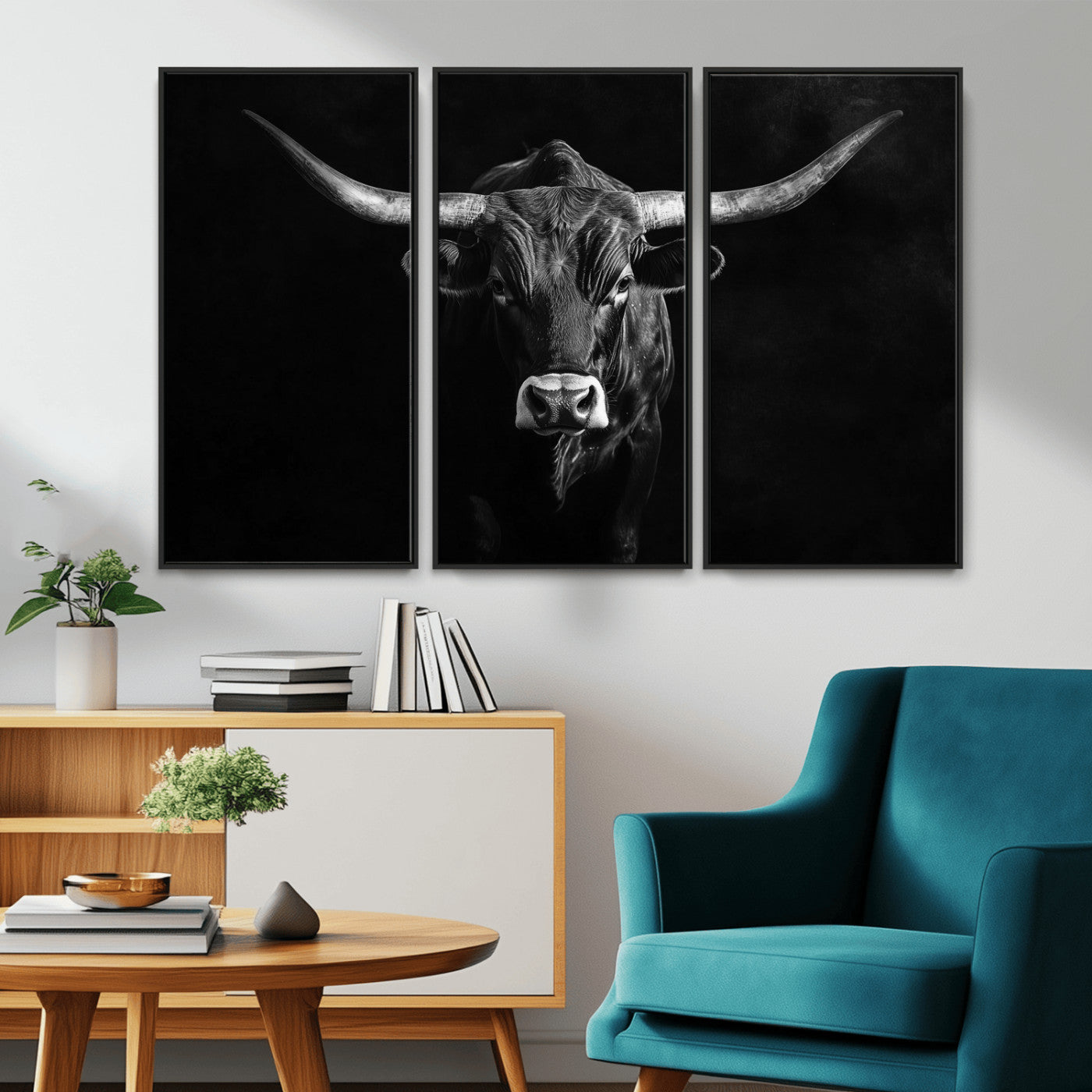-Texas Longhorn Wall Art Canvas Print, Framed Monochrome Bull Art Picture Print, Horned Bull Perfect Rustic Western Decor Artwork
