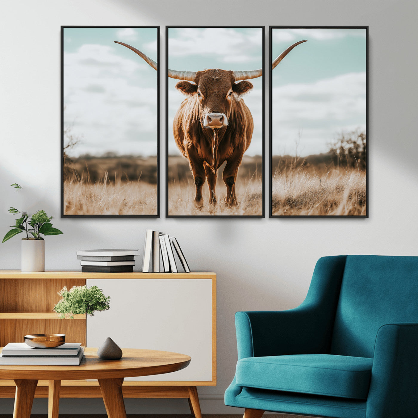 Texas Longhorn standing in a golden prairie under soft skies, ideal for rustic or western-style decor with warm natural tones.