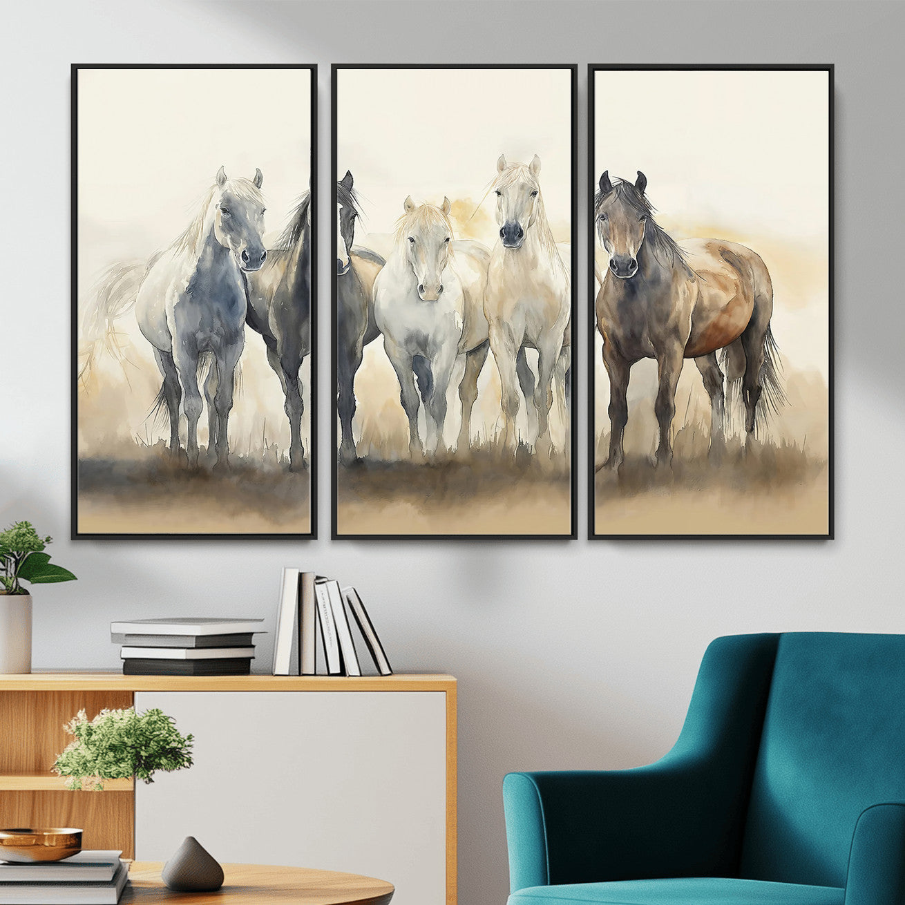 MGV-FC-48X32-3P - Wild Horses Wall Art Canvas Print, Framed Running Horses Art Picture Print, Watercolor Horses Perfect Rustic Western Decor Artwork