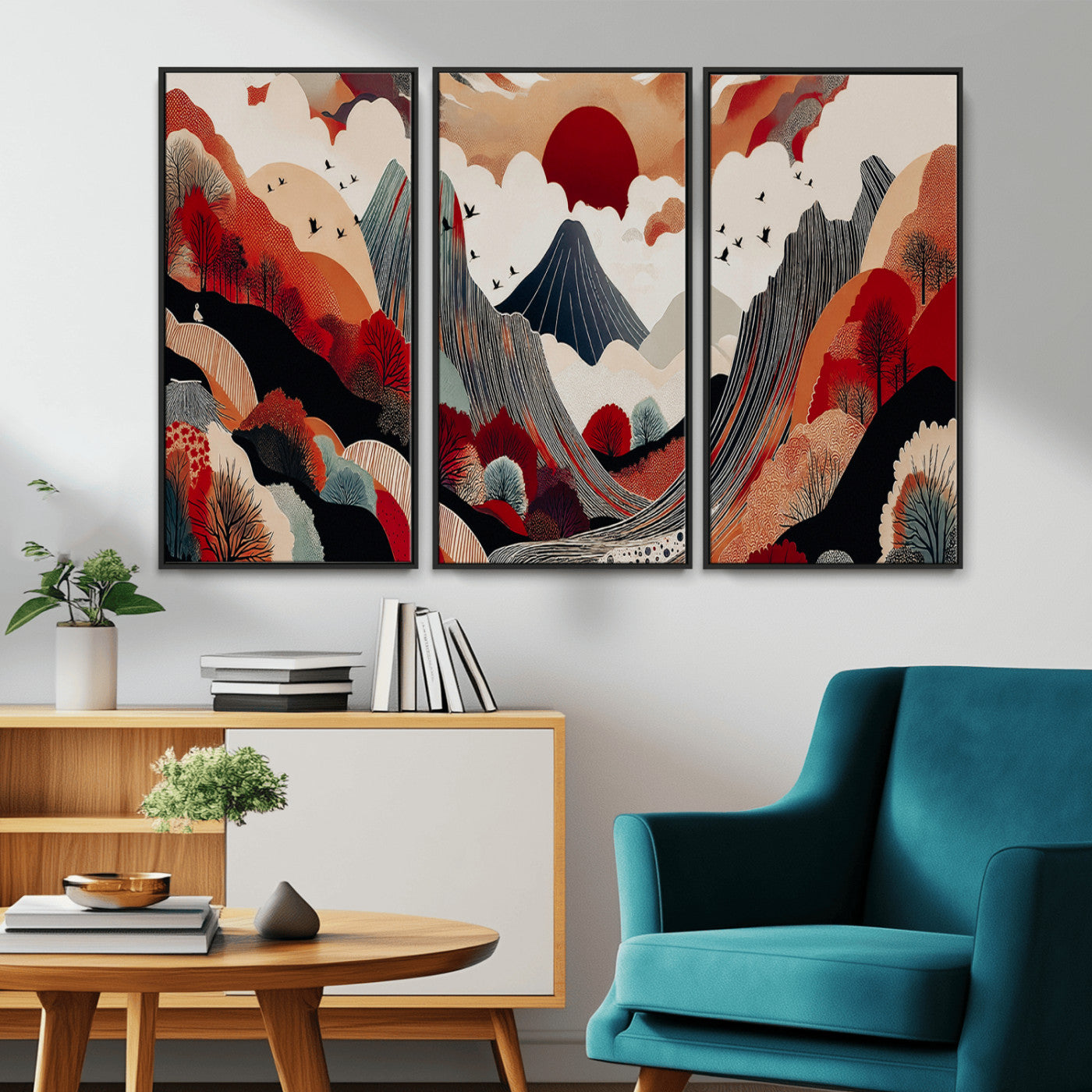 -Abstract Mountain Wall Art Canvas Print, Framed Vibrant Landscape Art Picture Print, Stylized Nature Drawing Perfect Contemporary Minimalist Decor Artwork