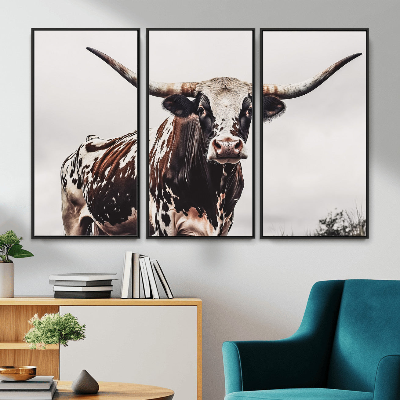 MGV-FC-48X32-3P - Texas Longhorn Wall Art Canvas Print, Framed Spotted Bull Art Picture Print, Horned Cattle Perfect Rustic Farmhouse Decor Artwork