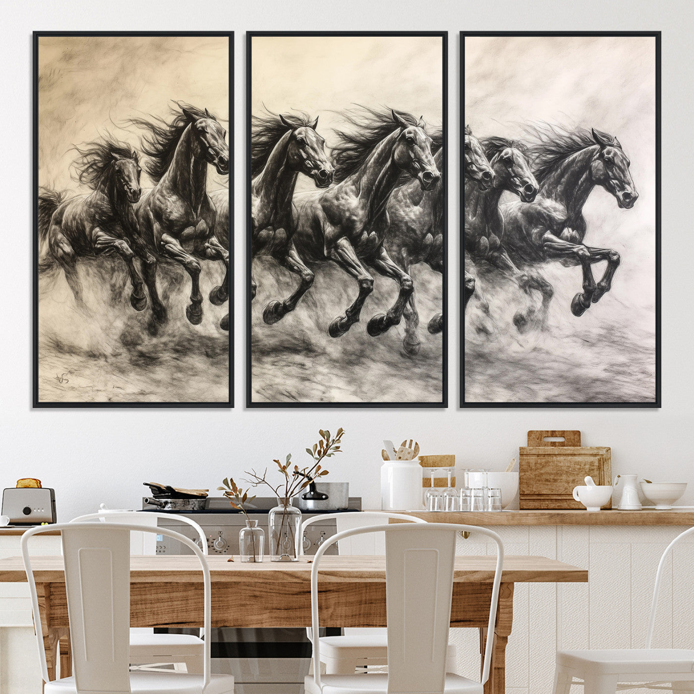 -Galloping Horses Wall Art Canvas Print, Framed Wild Stallions Art Picture Print, Horse Herd Sketch