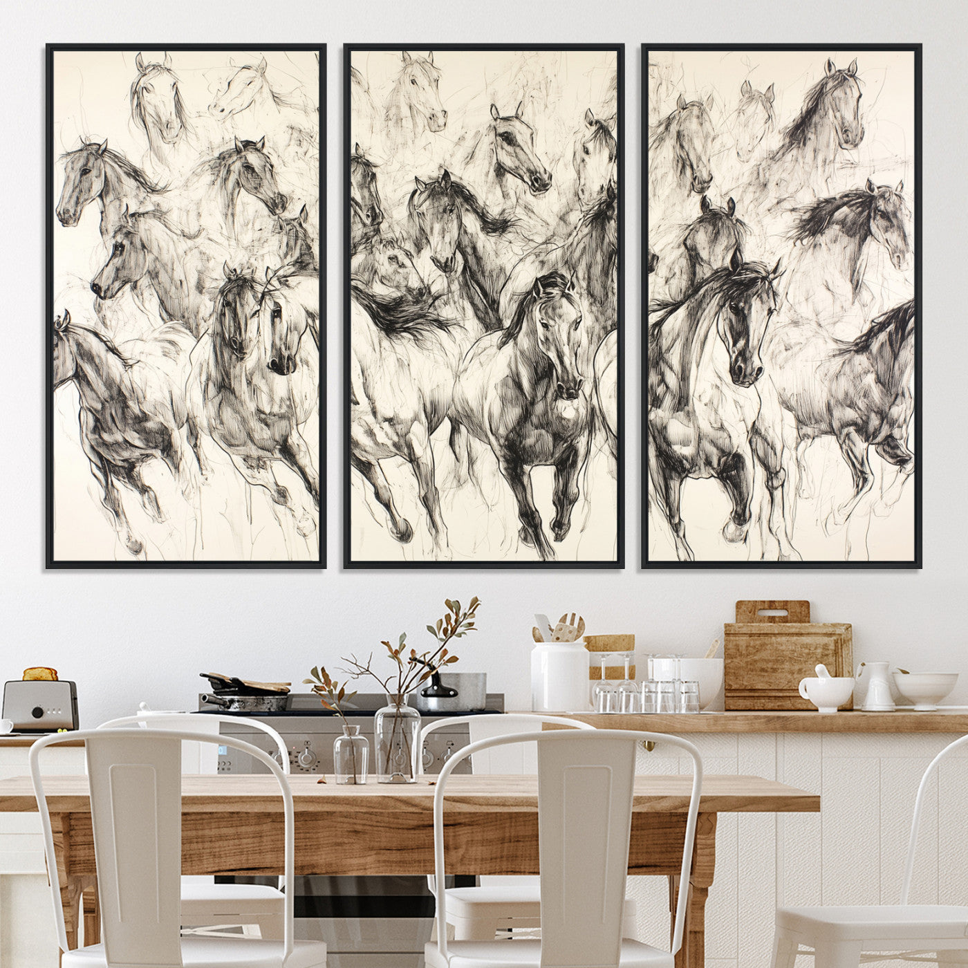 19433417-MGV-CV-36X24-Running Horses Wall Art Canvas Print – Framed Galloping Herd Dynamic Equestrian Sketch Nature Artwork for Home Office