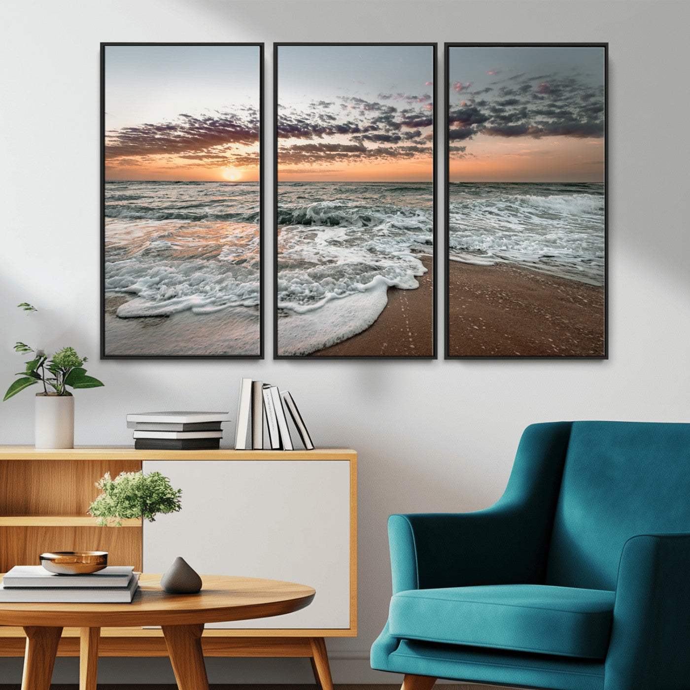 40632752-MGV-CV-36X24-Ocean Sunset Wall Art Canvas Print – Framed Beach Waves Scene with Coastal Artwork for Home, Office, Living Room