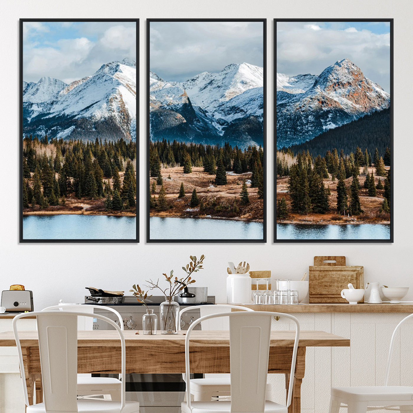 -Snowy Peaks Wall Art Canvas Print, Framed Alpine Lake Art Picture Print, Pine Forest Perfect Alpine