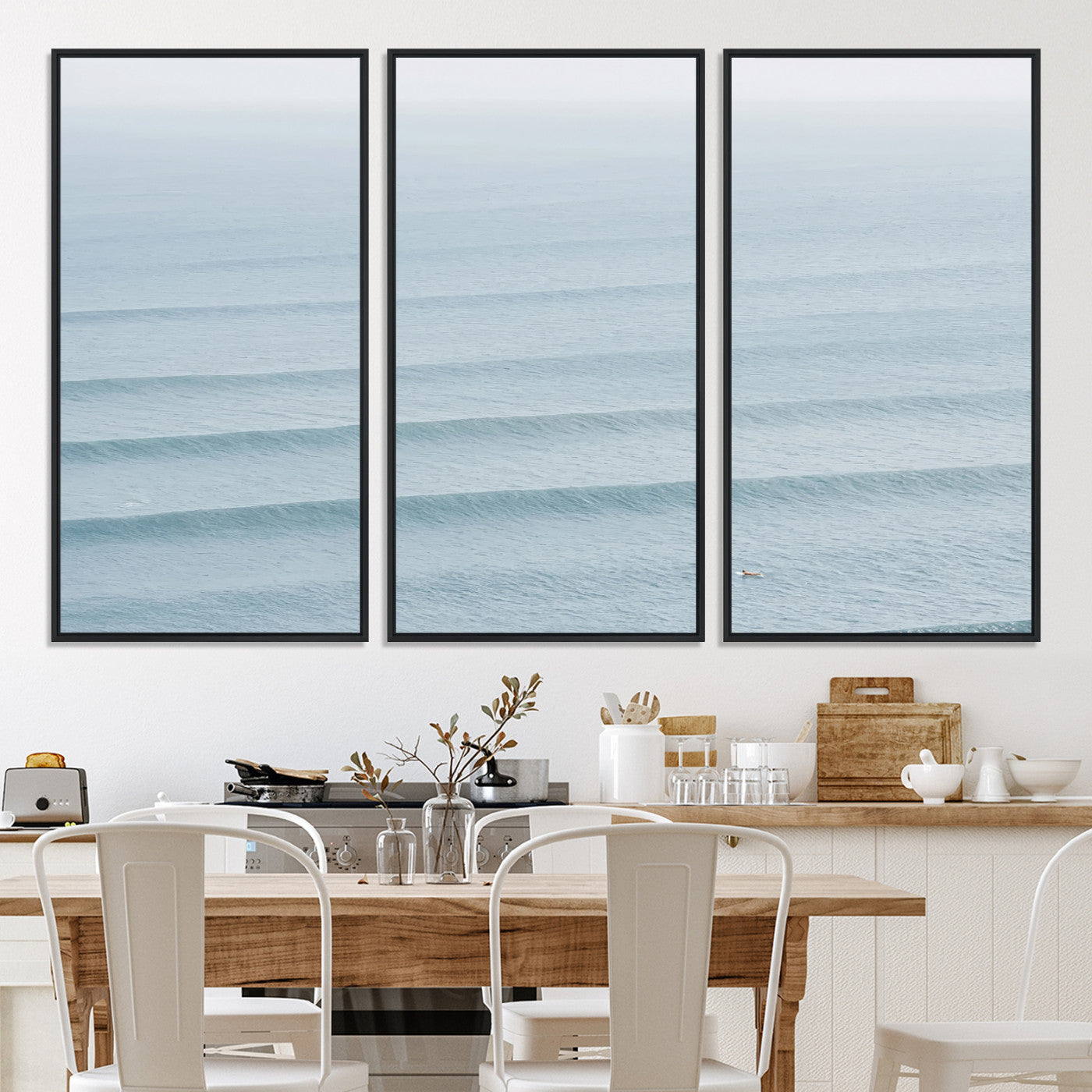 -Ocean Waves Wall Art Canvas Print, Framed Solo Surfer Art Picture Print, Wave Lines Perfect