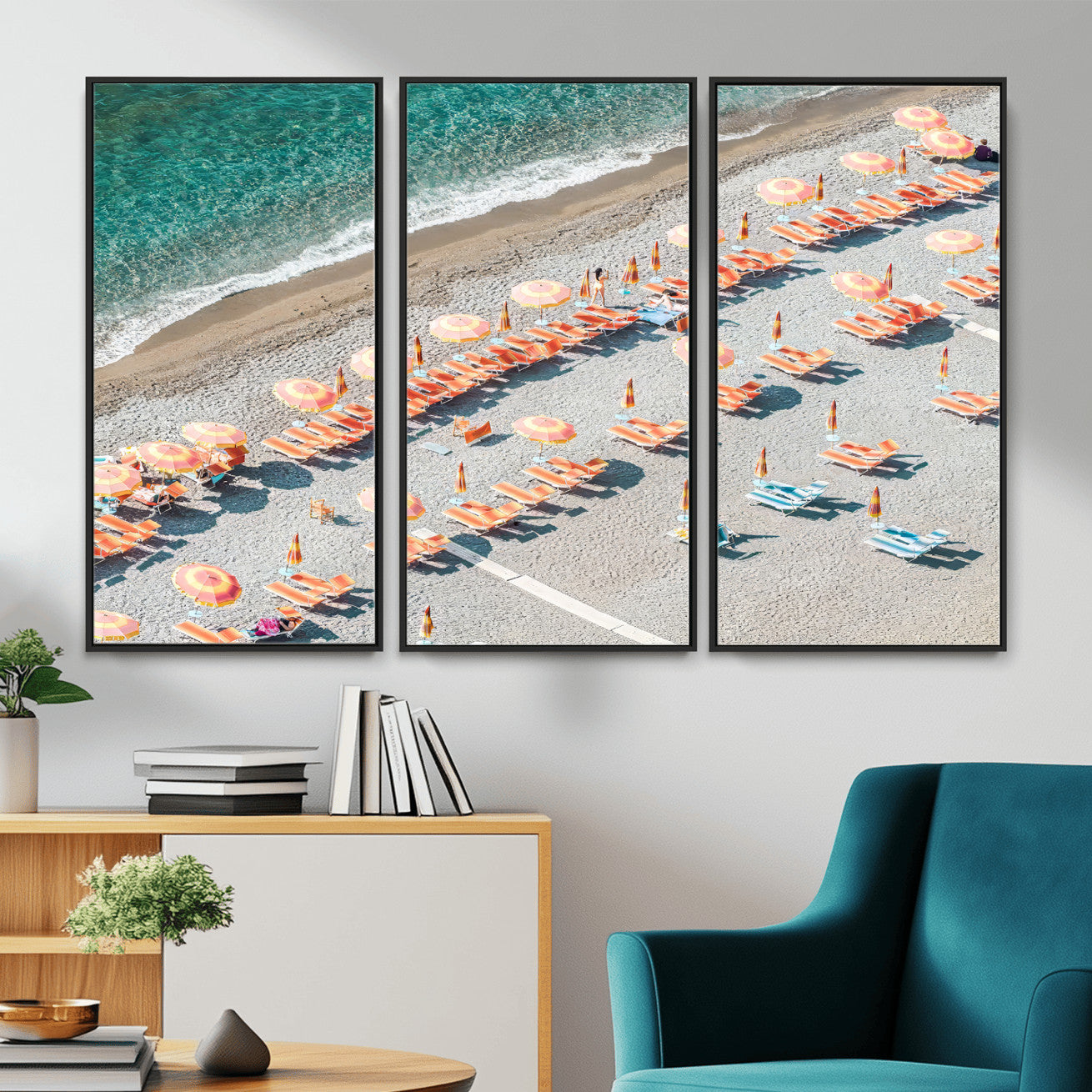 27805351-MGV-CV-36X24 - Beach Umbrellas Wall Art – Orange Loungers & Turquoise Water Canvas Print, Sandy Shore and Summer Vibes