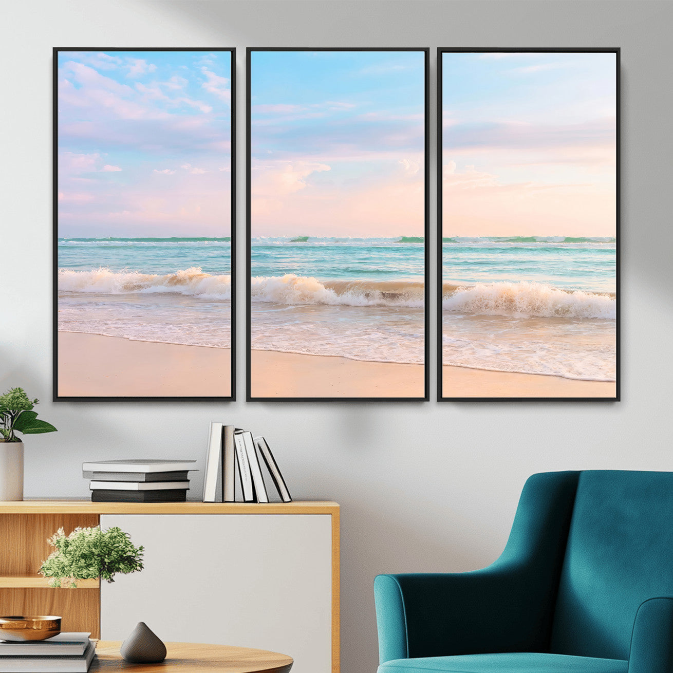 74679437-MGV-CV-36X24 - Serene Waves Wall Art – Golden Shore & Soft Pastel Sky Canvas Print, Gentle Ocean and Peaceful Sunset for Living Room or Office