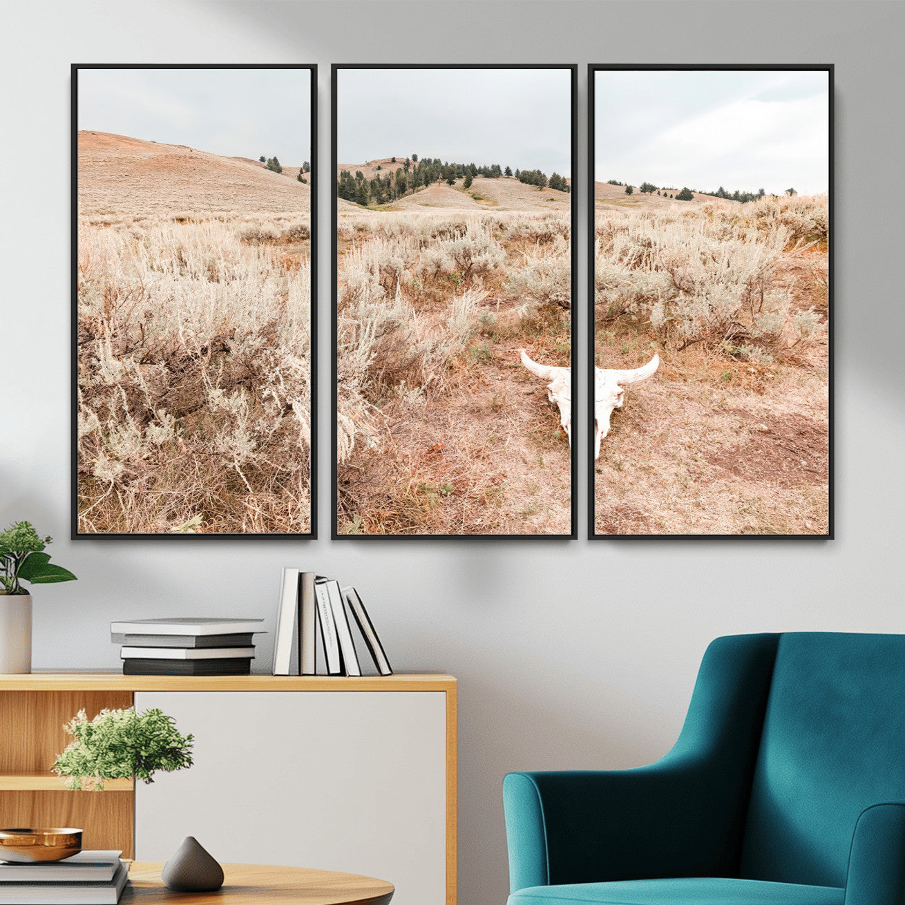 97234735-MGV-CV-36X24 - Desert Skull Wall Art – Arid Landscape & Sagebrush Canvas Print, Rustic Nature and Earth Tones for Living Room or Minimalist Decor