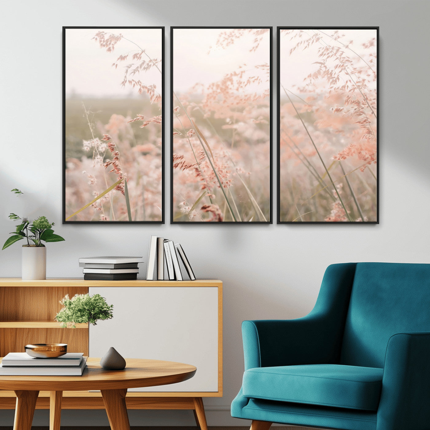79164340-MGV-FC-48X32-3P_Black-Pastel Grasses Wall Art Canvas Print, Framed Soft Meadow Art Picture Print, Field in Breeze Perfect Soft Pastel Minimal Decor Artwork