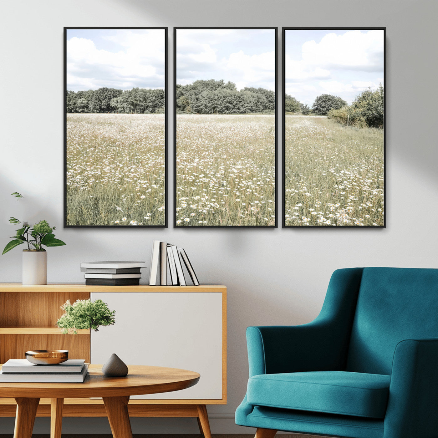 43258946-MGV-CV-36X24-Charming Daisy Field Wall Art Canvas Print – Framed Pastel Flower Meadow Bloom Scandinavian Minimal Artwork for Home Office