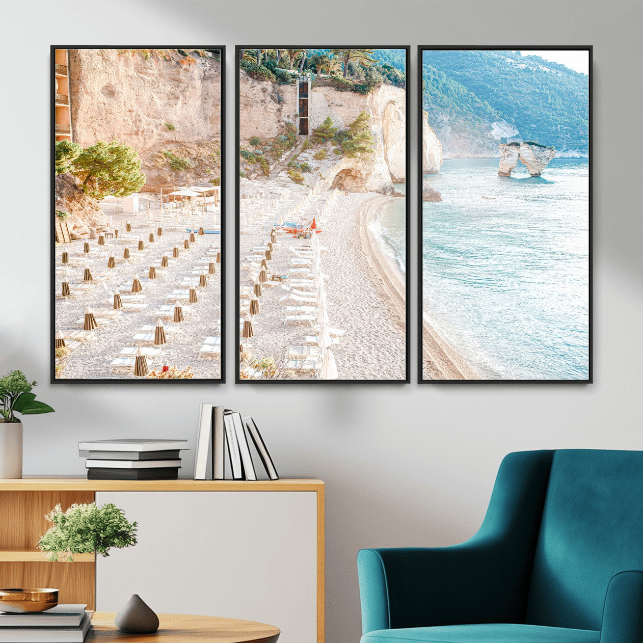 84816639-MGV-CV-36X24 - Sunny Beach Wall Art – Chairs & Umbrellas Canvas Print, Clear Water, Rocky Cliffs, Coastal Calm for Living Room or Vacation Home Decor