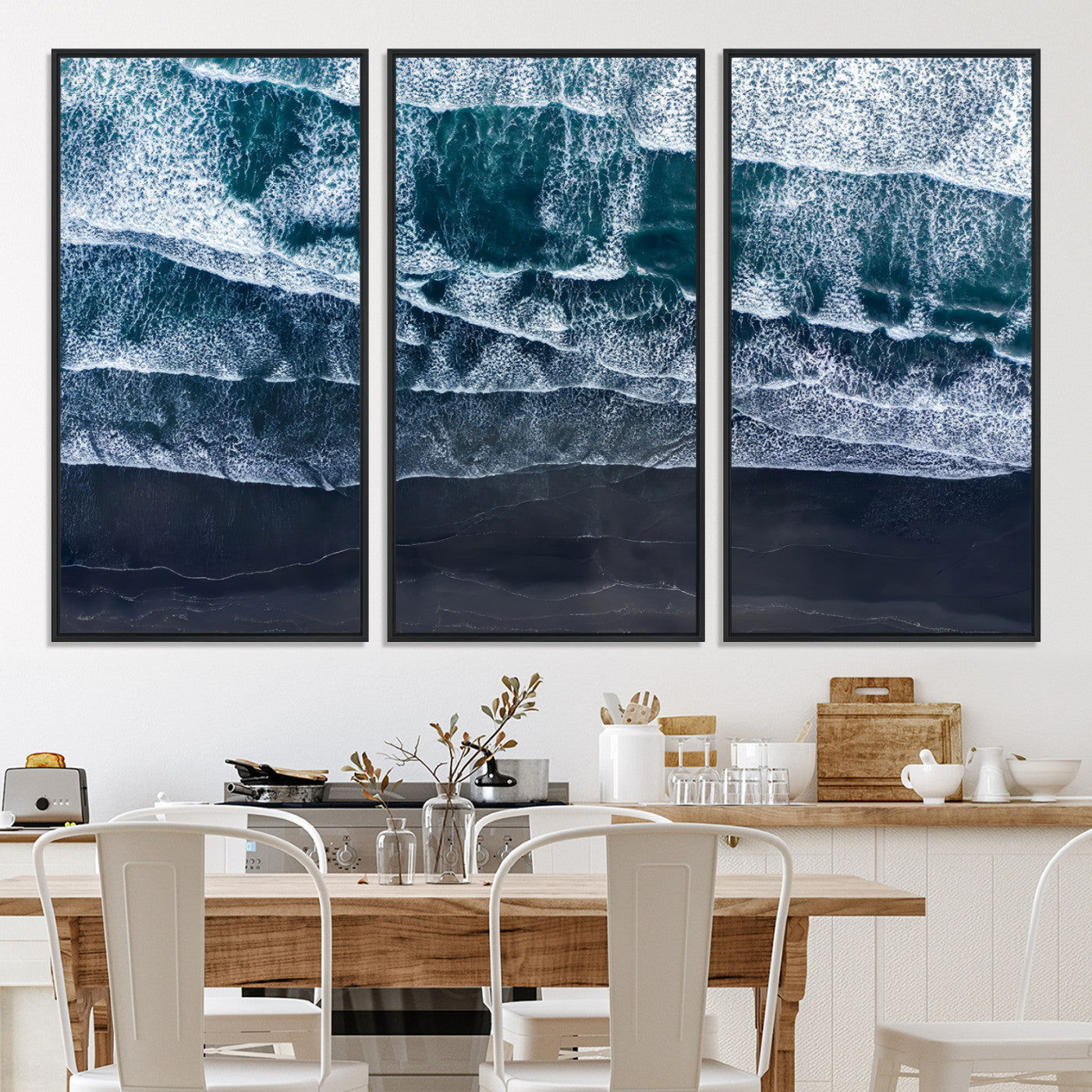 87941475-MGV-CV-36X24-Black Beach Wall Art Canvas Print – Framed Aerial Ocean View Moody Coastal Seascape Nature Artwork for Home Office