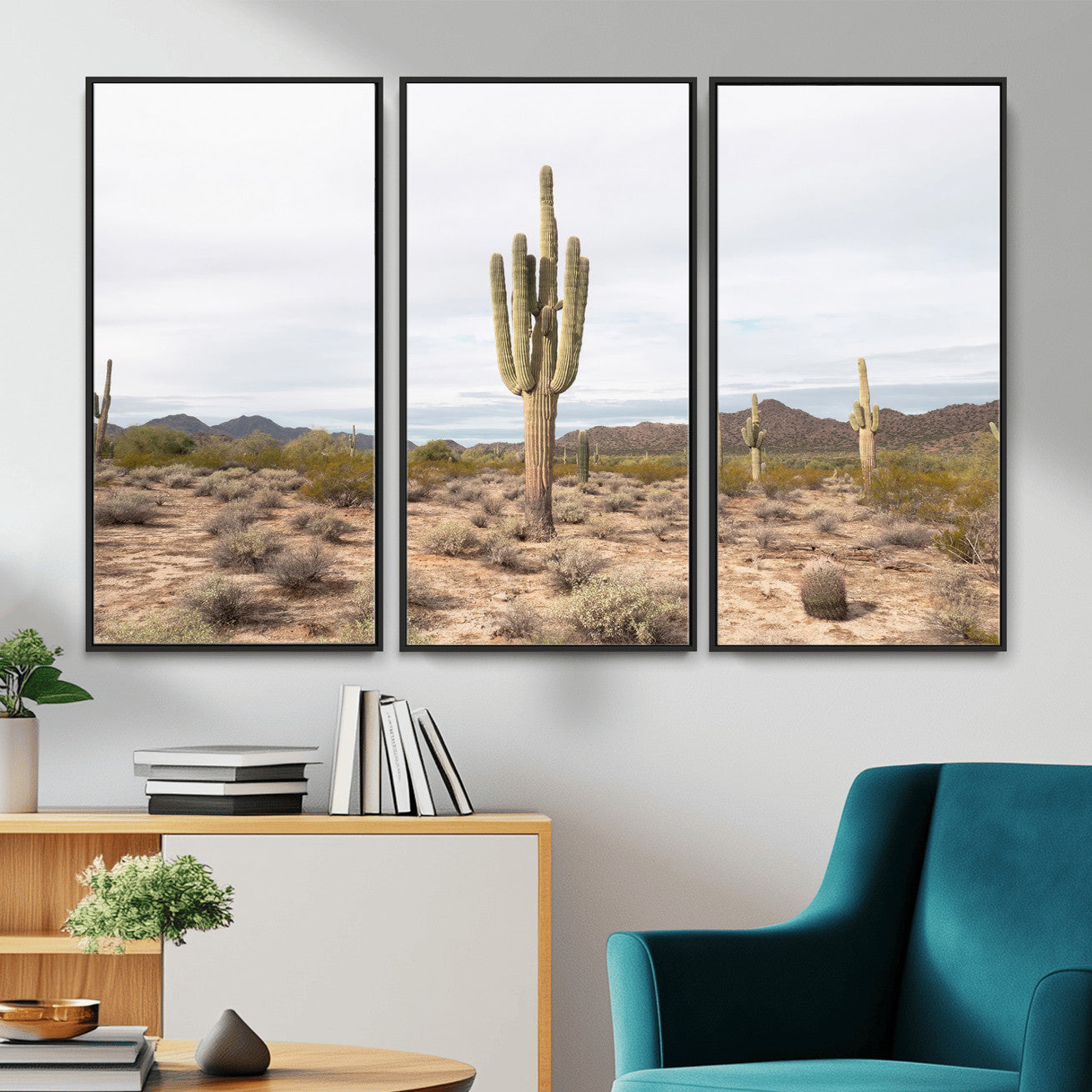 MGV-FC-48X32-3P - Saguaro Cactus Wall Art Canvas Print, Framed Desert Cactus Art Picture Print, Earthy Desert Perfect Southwestern Boho Decor Artwork