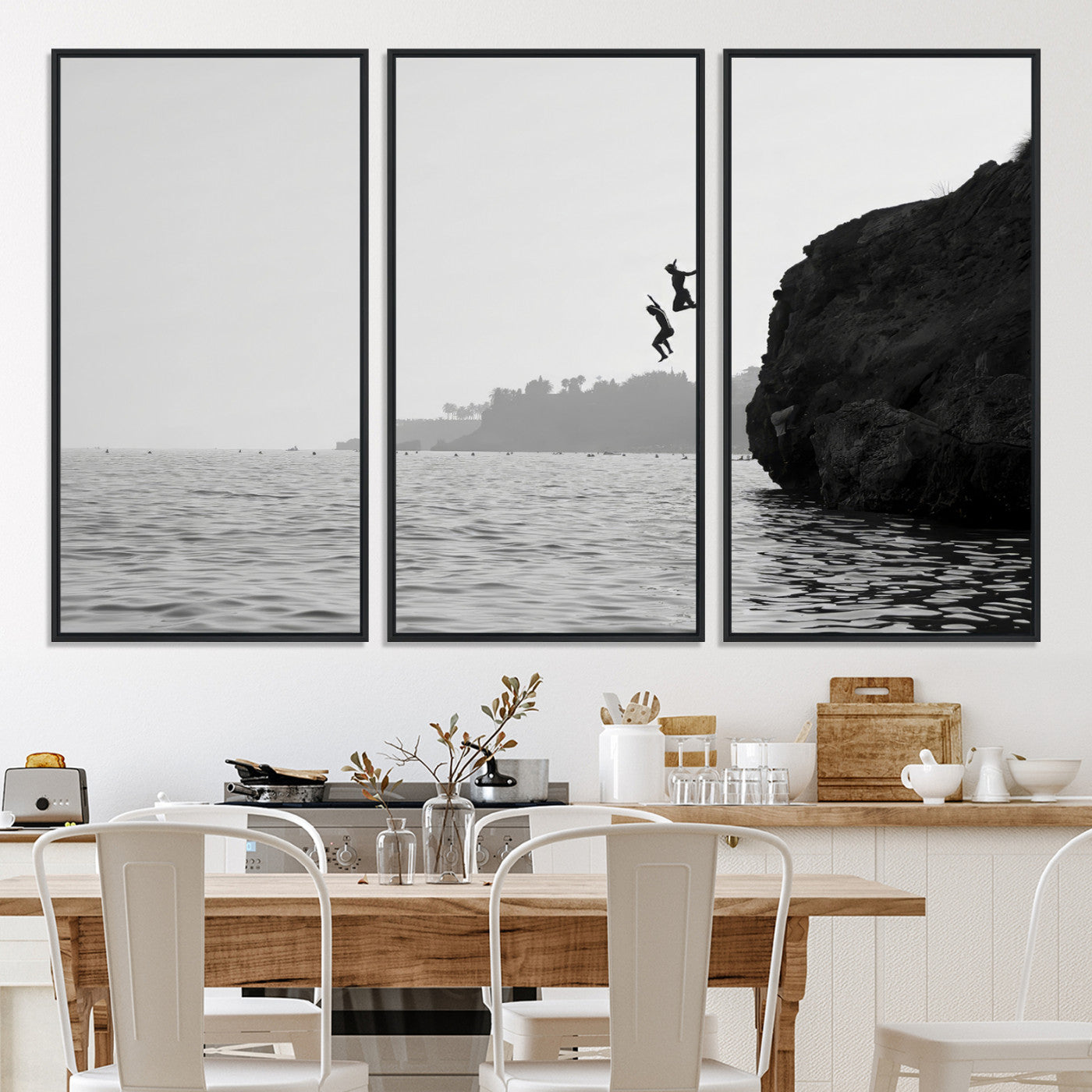 52284302-MGV-CV-36X24-Jumping Wall Art Canvas Print – Framed Coastal Ocean Scene Artwork for Relaxing Beach Home, Office Decor