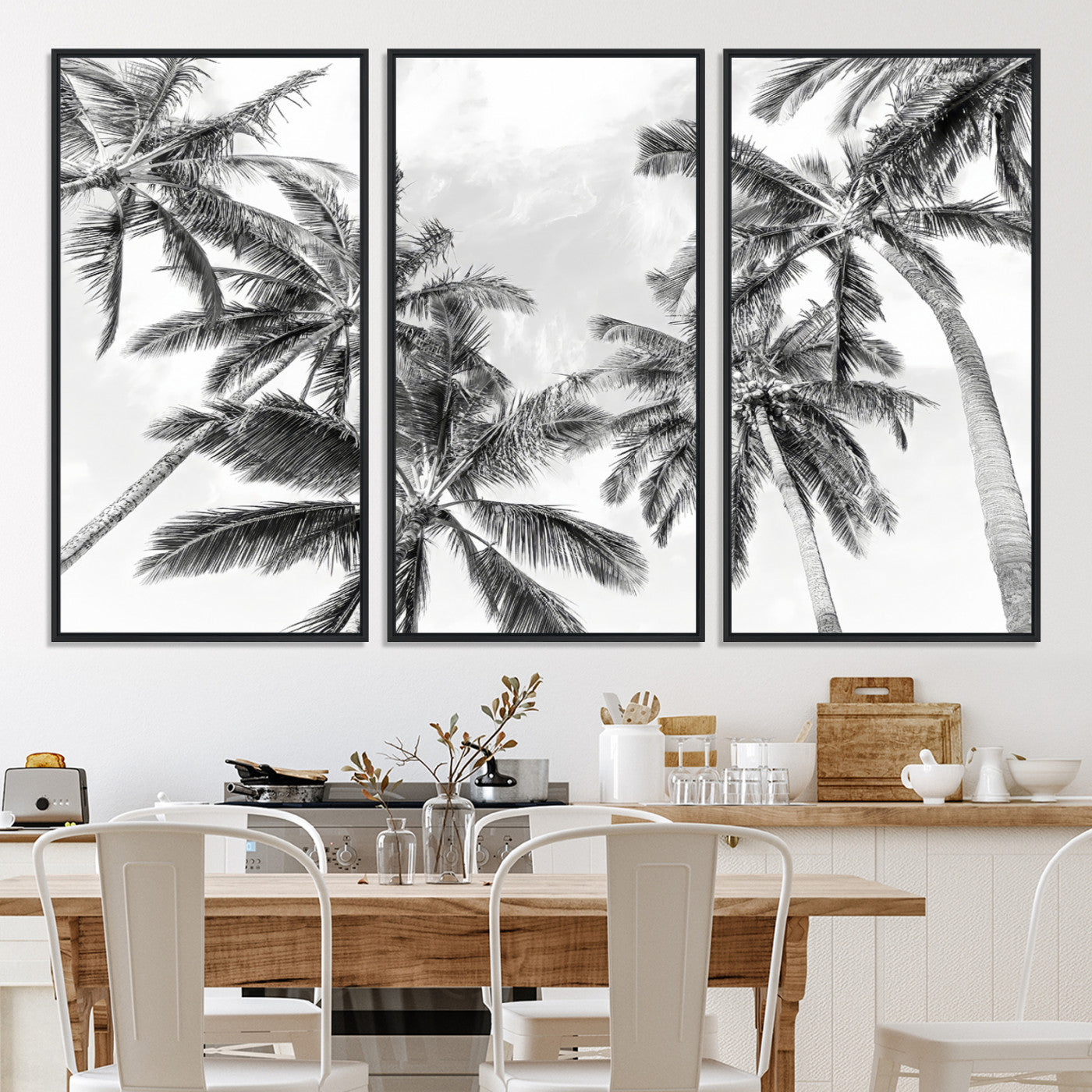 62113786-MGV-CV-36X24-Black and White Palm Wall Art Canvas Print – Framed Monochrome Tropical Beach Scene Artwork for Modern Home, Office Decor