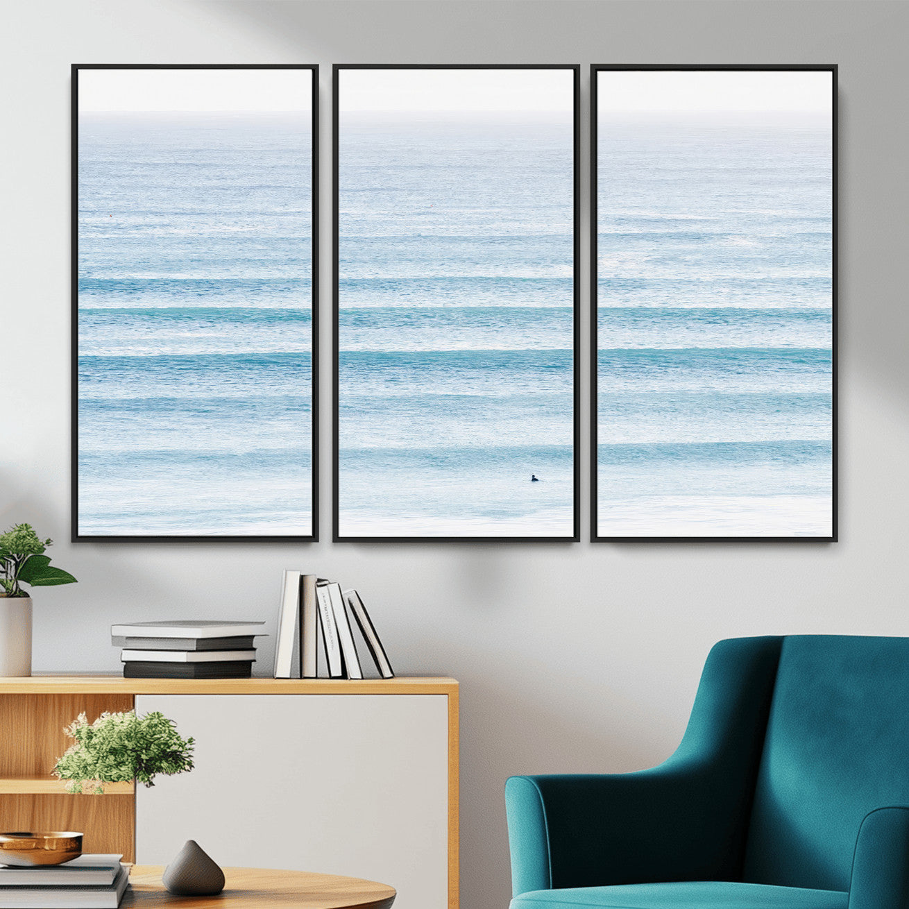 77145995-MGV-CV-36X24-Ocean Wave Surfer Wall Art – Framed Minimal Seascape Canvas Artwork, Calm Blue Water Design, Coastal Decor for Home, Office