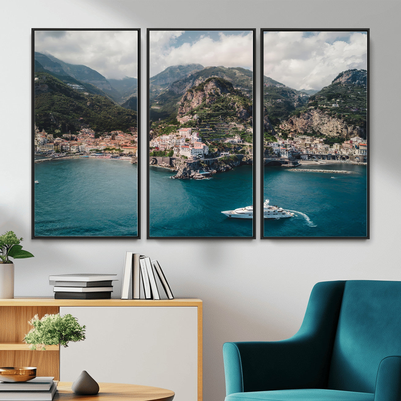 20321590-MGV-CV-36X24-Amalfi Coast Wall Art – Framed Italian Seaside Canvas Artwork, Mediterranean Landscape Design, Coastal Decor for Home, Office