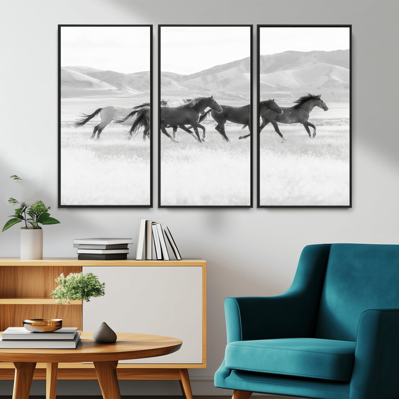 MGV-FC-48X32-3P - Wild Horses Wall Art – Black & White Canvas Print of Herd Running, Nature in Motion, Freedom & Beauty Decor for Guest Room, Office or Living Room