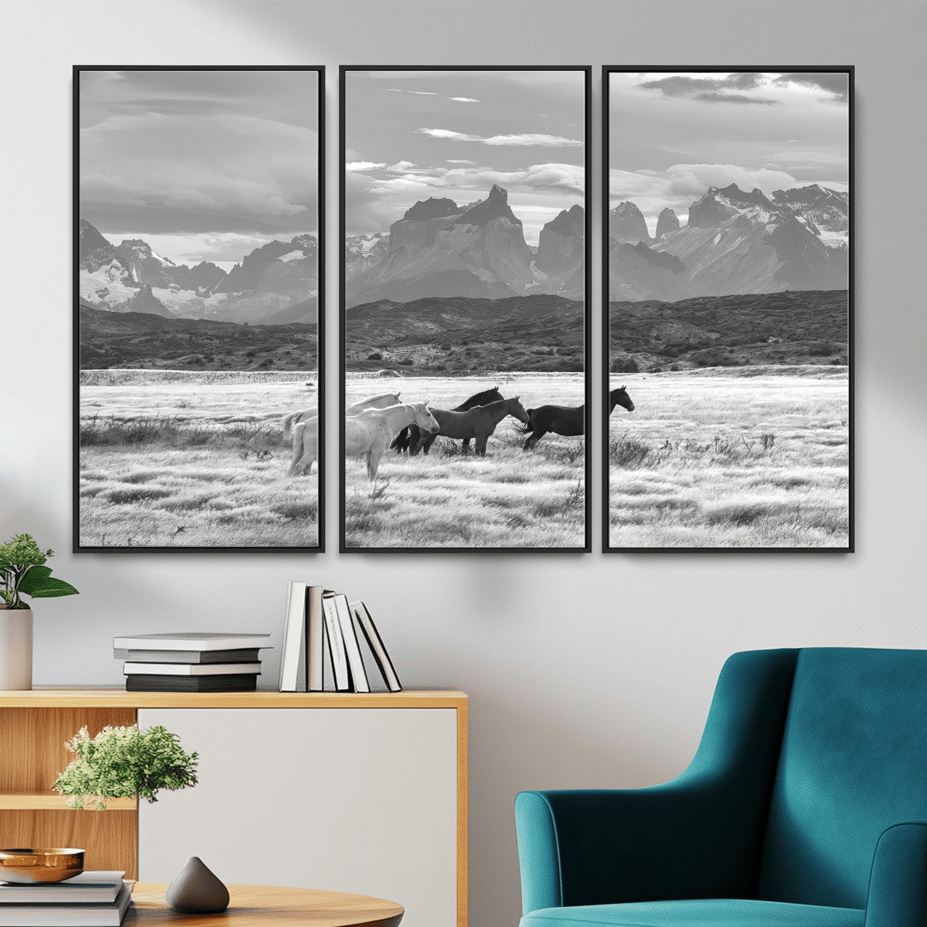 MGV-FC-48X32-3P - Wild Horses Wall Art Canvas Print, Framed Black White Mountains Art Picture Print, Rustic Countryside Perfect Rustic Western Decor Artwork
