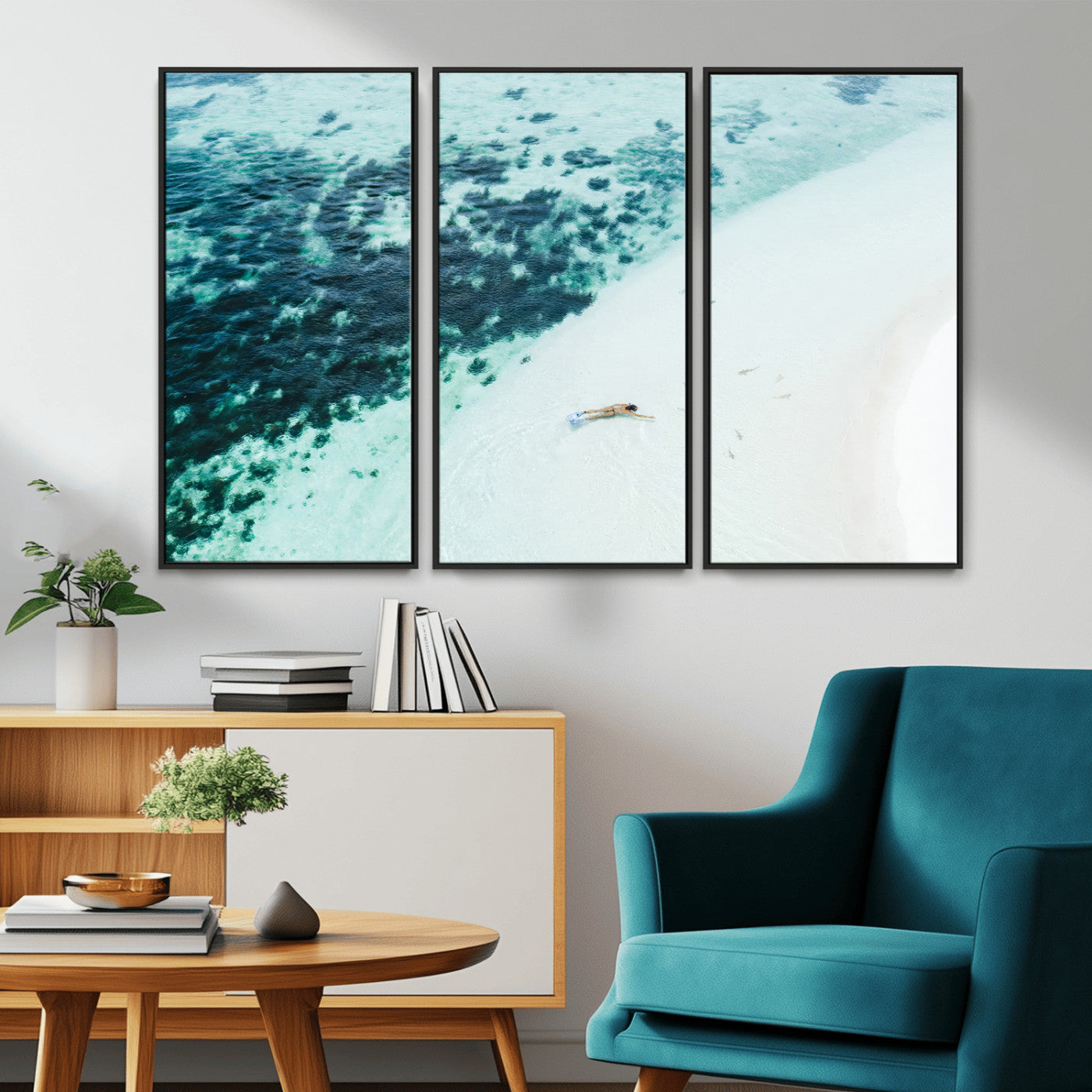 33764764-MGV-CV-36X24-Minimal Beach Wall Art – Framed Ocean Swimming Canvas Artwork, Clear Blue Sea Design, Modern Coastal Decor for Home, Office