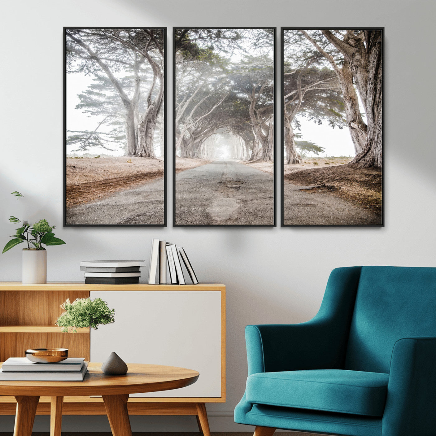 87090469-MGV-CV-36X24-Cypress Tunnel Wall Art – Framed Misty Road Canvas Artwork, Foggy Trees Design, Rustic Woodland Nature Decor for Home, Office