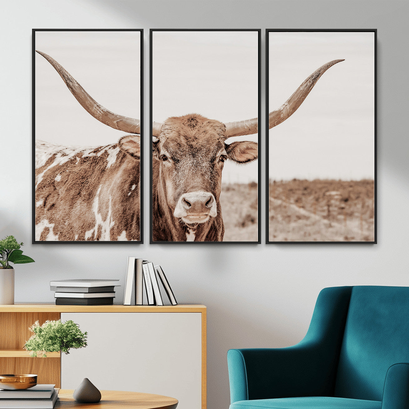 39964150-MGV-CV-36X24 - Longhorn Cow Wall Art Canvas Print, Texas Ranch Print, Framed Western Bull Art Print, Large BigHorn Cowboy Printing Perfect for County Decor