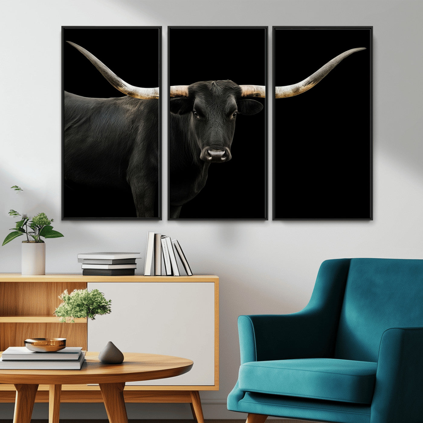 99448328-MGV-CV-36X24-Longhorn Cattle Wall Art Canvas Print – Framed Texas Ranch Scene with Western Cow Artwork for Home, Office, Living Room