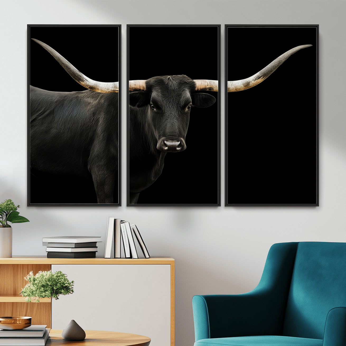 99448328-MGV-CV-36X24 - Longhorn Cattle Wall Art Canvas Print, Framed Texas Black Bull Art Picture Print, Western Cow Perfect Farmhouse Decor Artwork