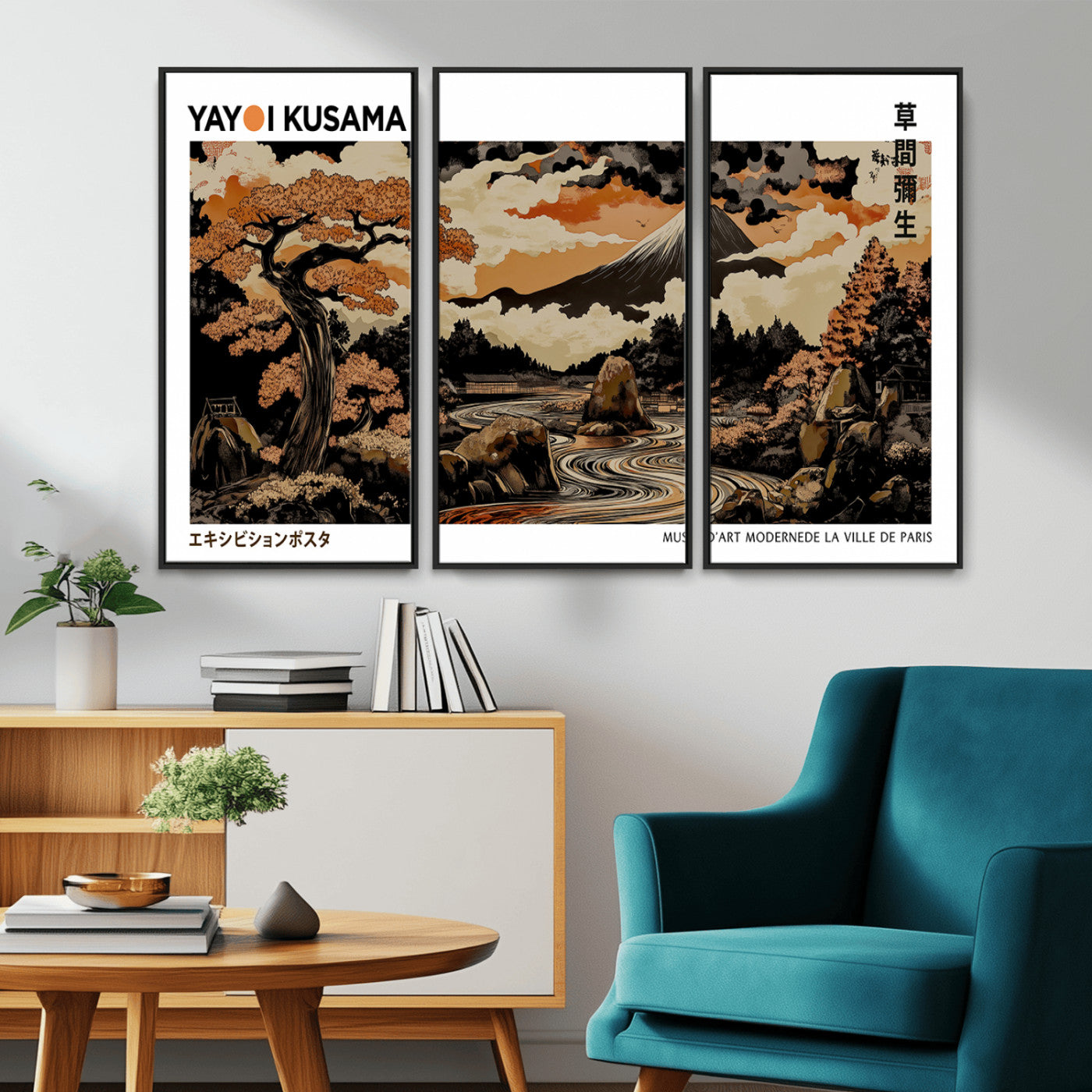 96372548-MGV-CV-36X24-Modern Japanese Wall Art Canvas Print – Framed Abstract Mount Fuji Scene with Yayoi Kusama Style Artwork for Home, Office