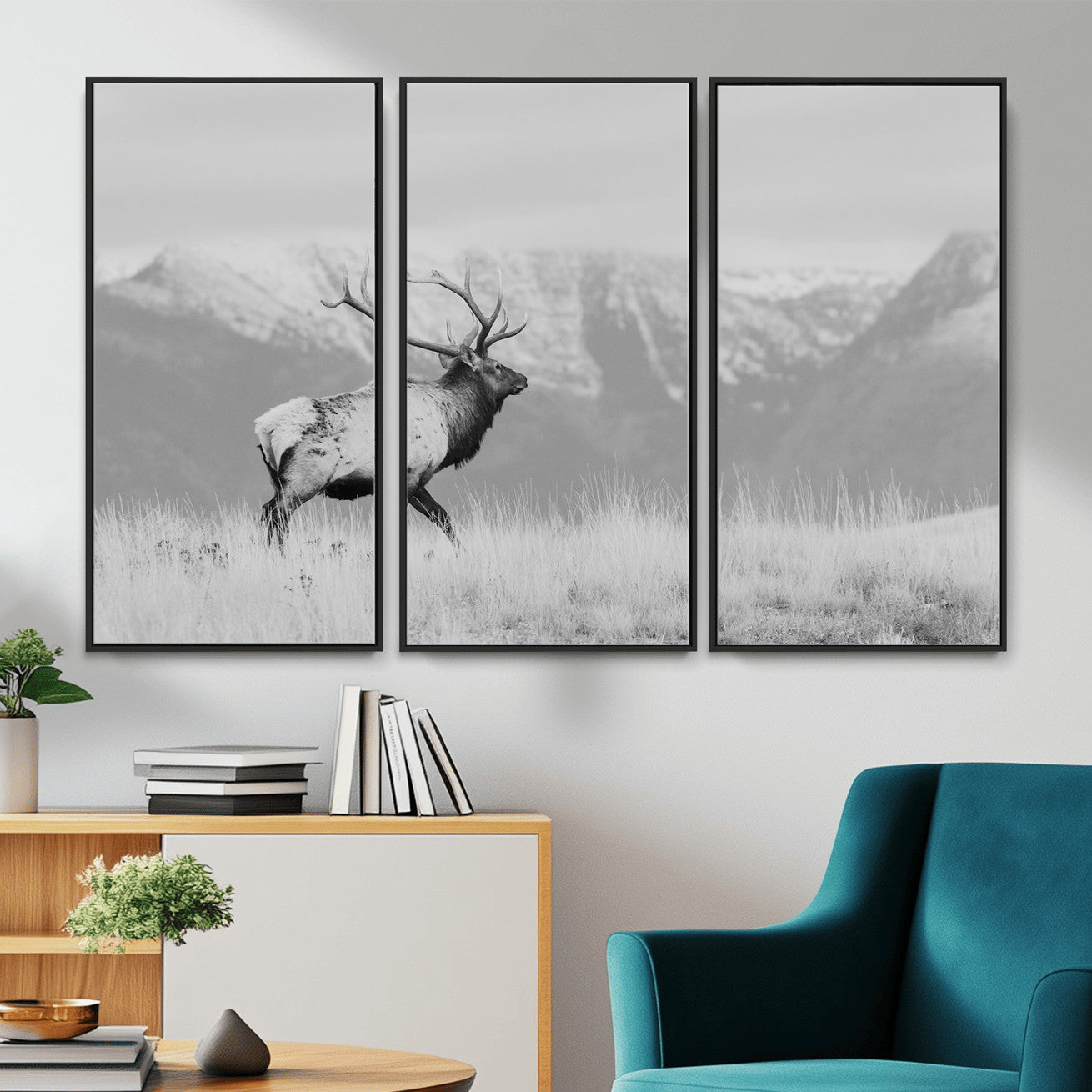 36150391-MGV-FC-48X32-3P - Wall Art Canvas Print – Majestic Elk Black & White Wilderness, Scenic Mountain and Grassland Landscape, Wildlife Nature Decor for Home or Office
