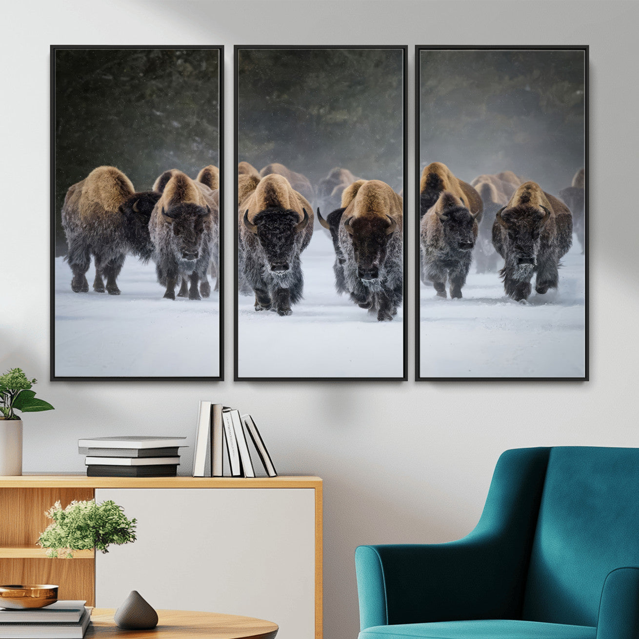 41669135-MGV-CV-36X24 - Winter Bison Herd Wall Art – Majestic Buffalo Charge Canvas Print with Snow Covered Plains, Rustic Wildlife Strength and Untamed Nature Decor for Home and Office